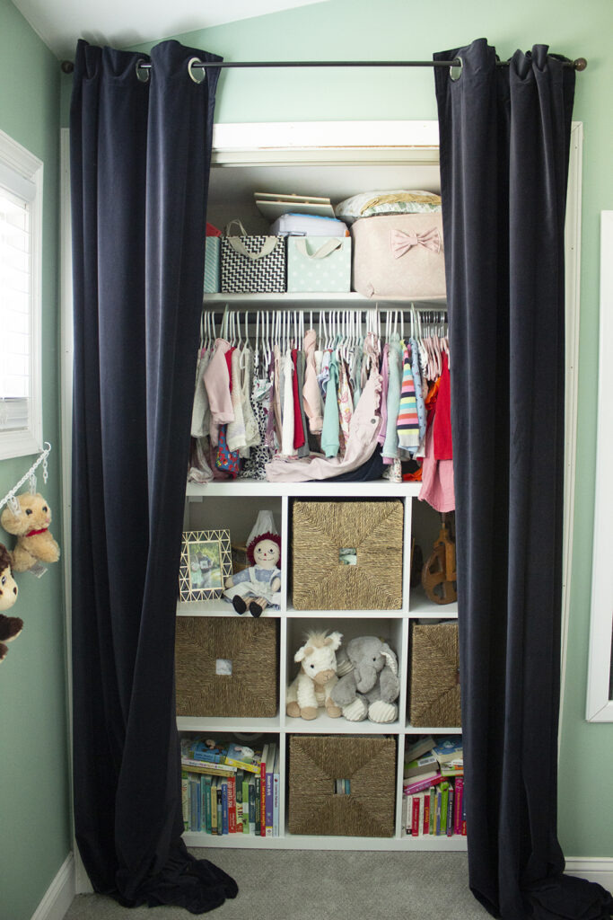 Jungle Themed Baby Nursery Closet with Ikea shelf