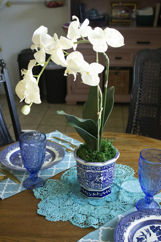 Faux Orchid in a blue and white chinoiserie flower pot