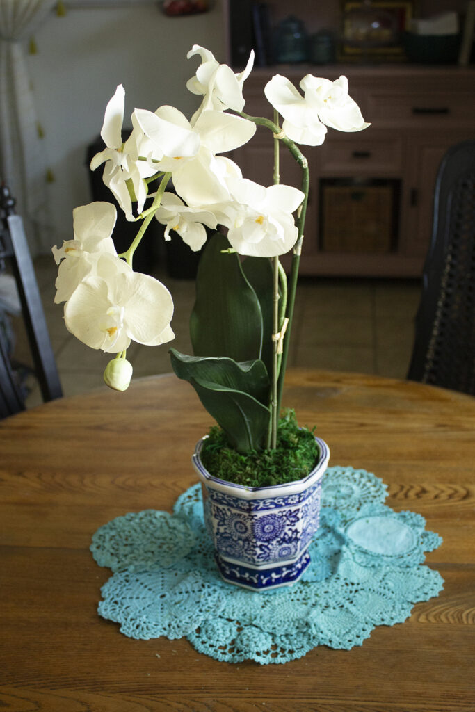 Faux Orchid in a blue and white chinoiserie flower pot