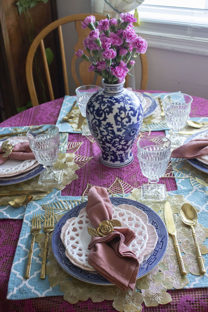 Spring Tablescapes: Blue Willow, Milk Glass, and Pink Cabbage Plates