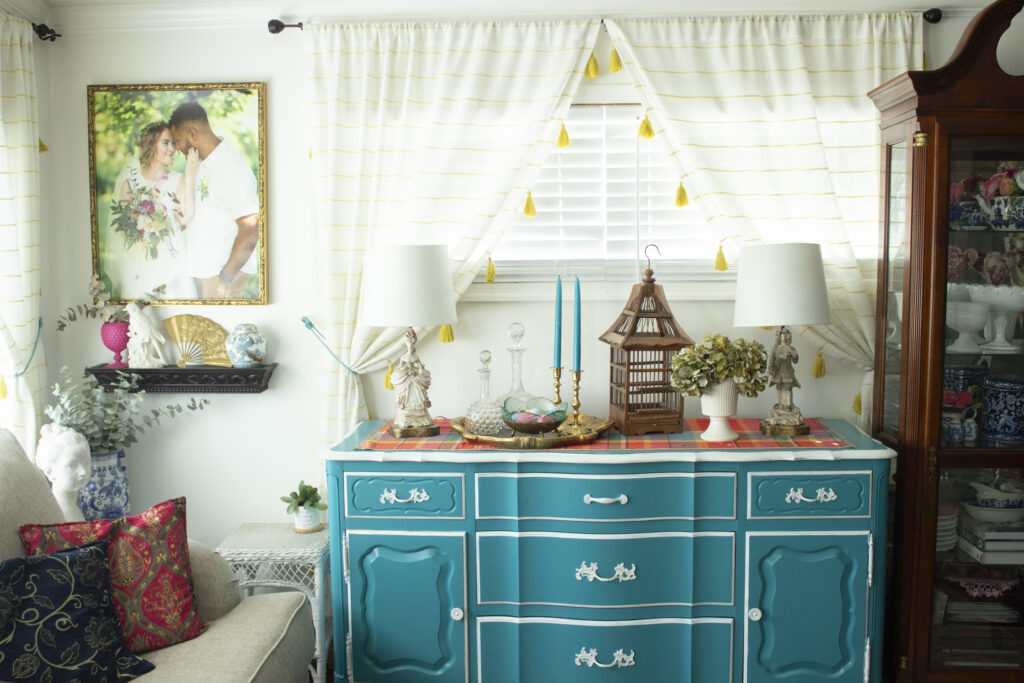 how to create a timeless home: living room with French provincial buffet table