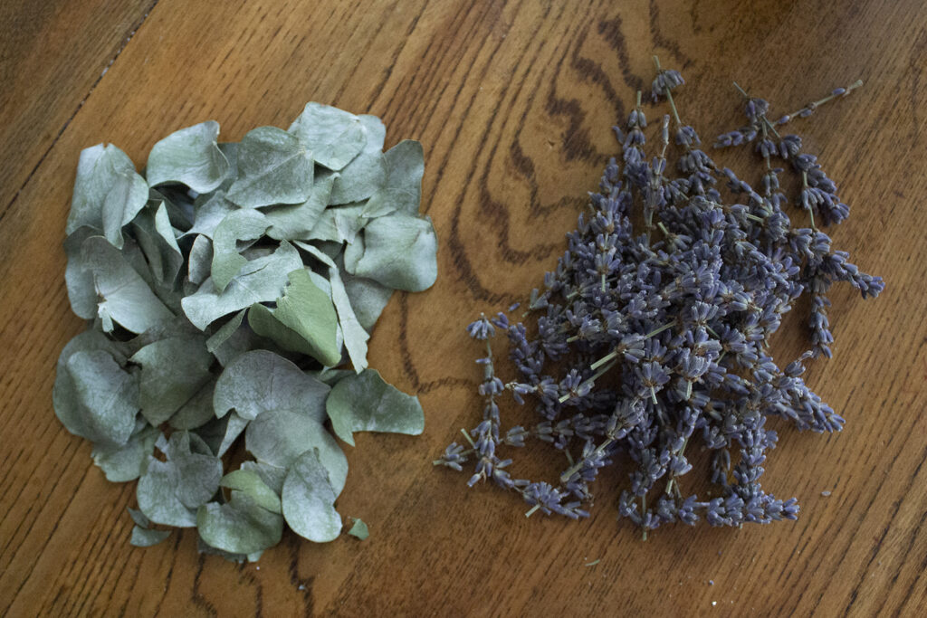 Piles of dried lavender and eucalyptus