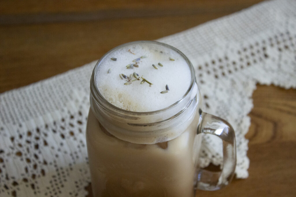 Close-up of a lavender honey latte