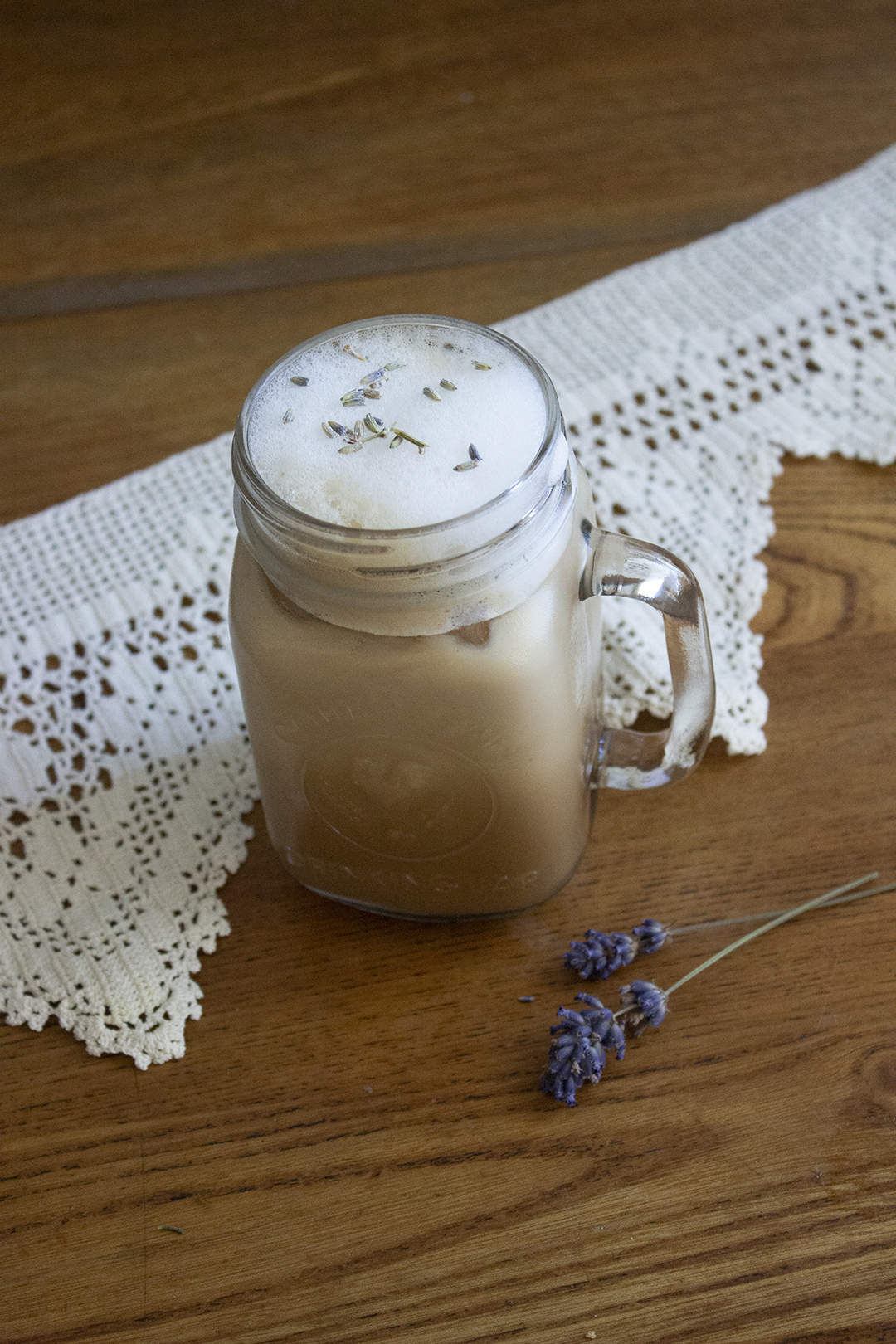 Iced Latte with lacey backdrop