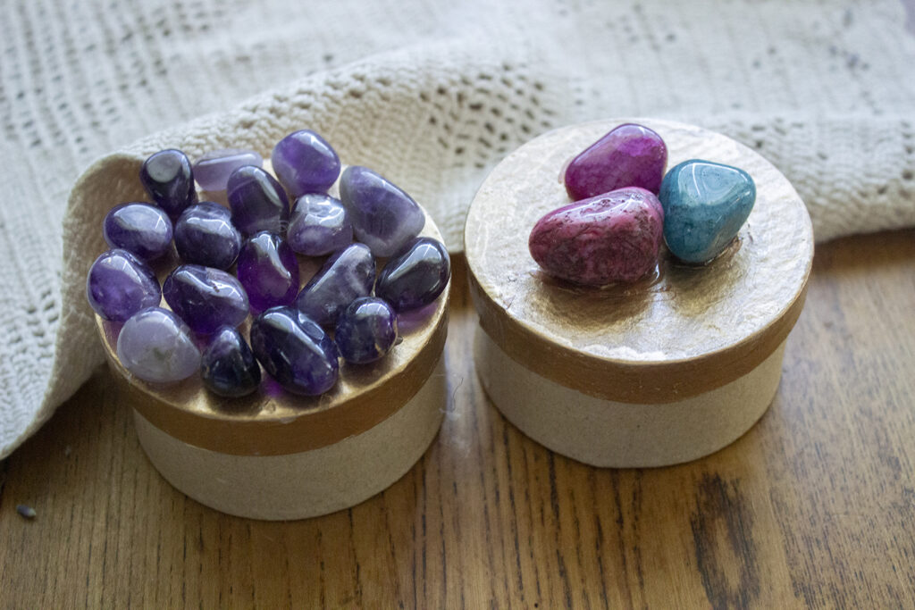 What to Do With Tumbled Rocks: Two small boxes with colorful rocks on top