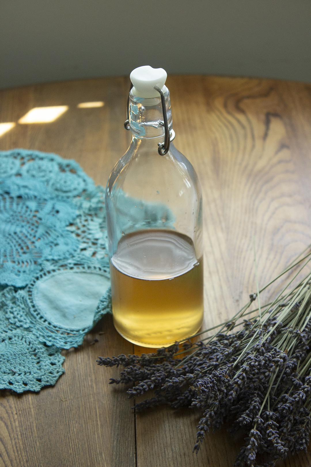 What to do with dried lavender: lavender simple syrup in bottle