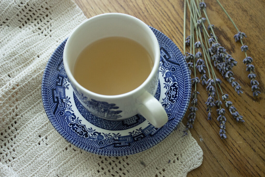 Lavender tea in blue teacup