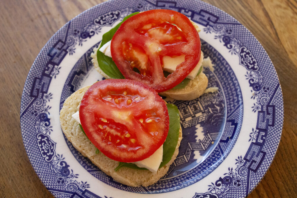 Two Bites of Bruschetta on Blue Willow Plate
