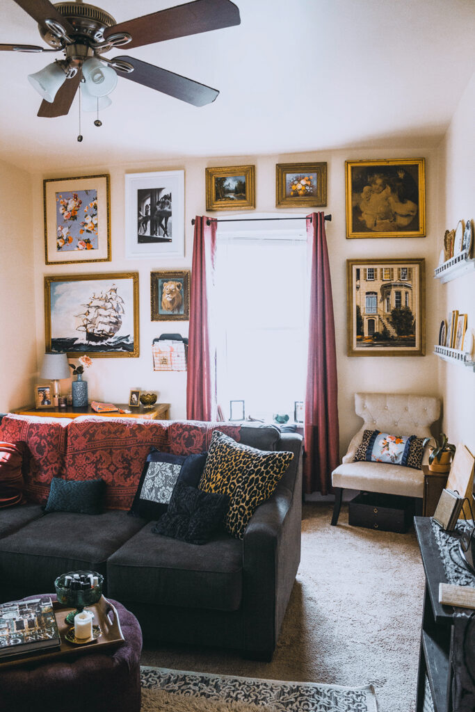 Eclectic gallery wall in colorful apartment