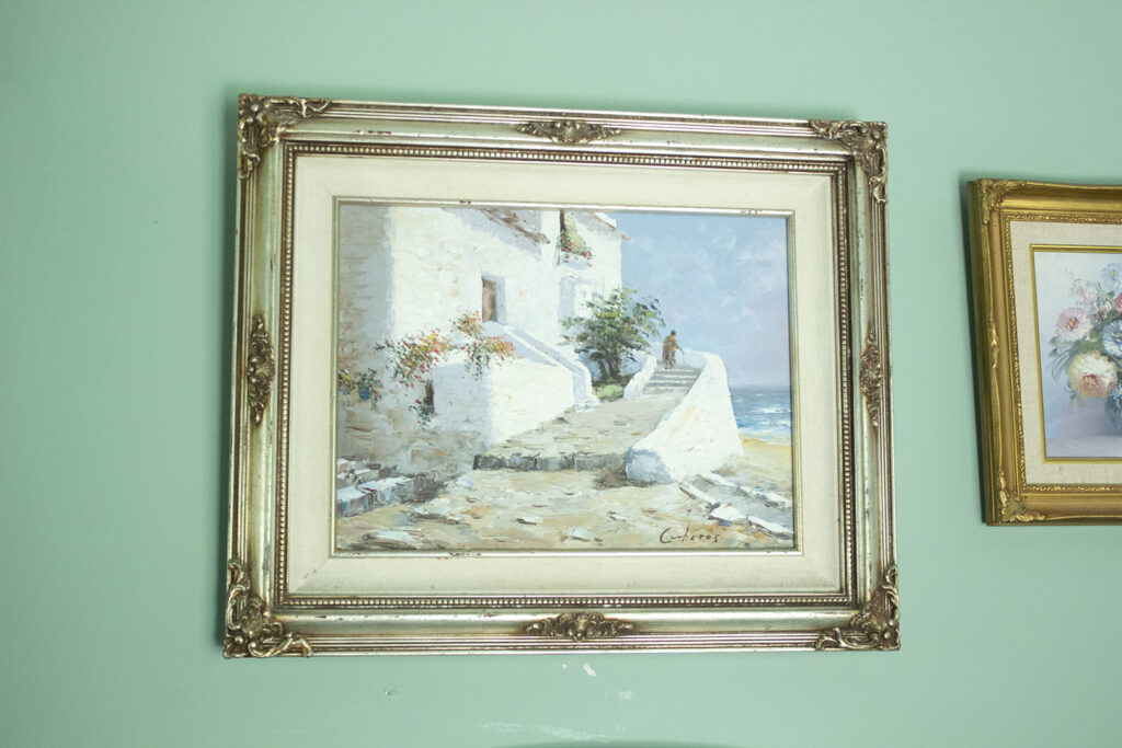Thrift Store Home Tour: Oil Painting of a Villa in silver antique frame