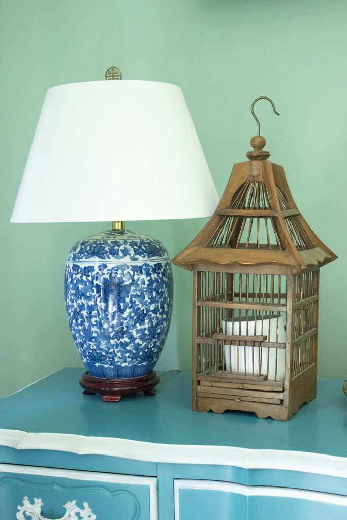 Thrift Store Home Tour: Blue and White Lamp and Birdhouse