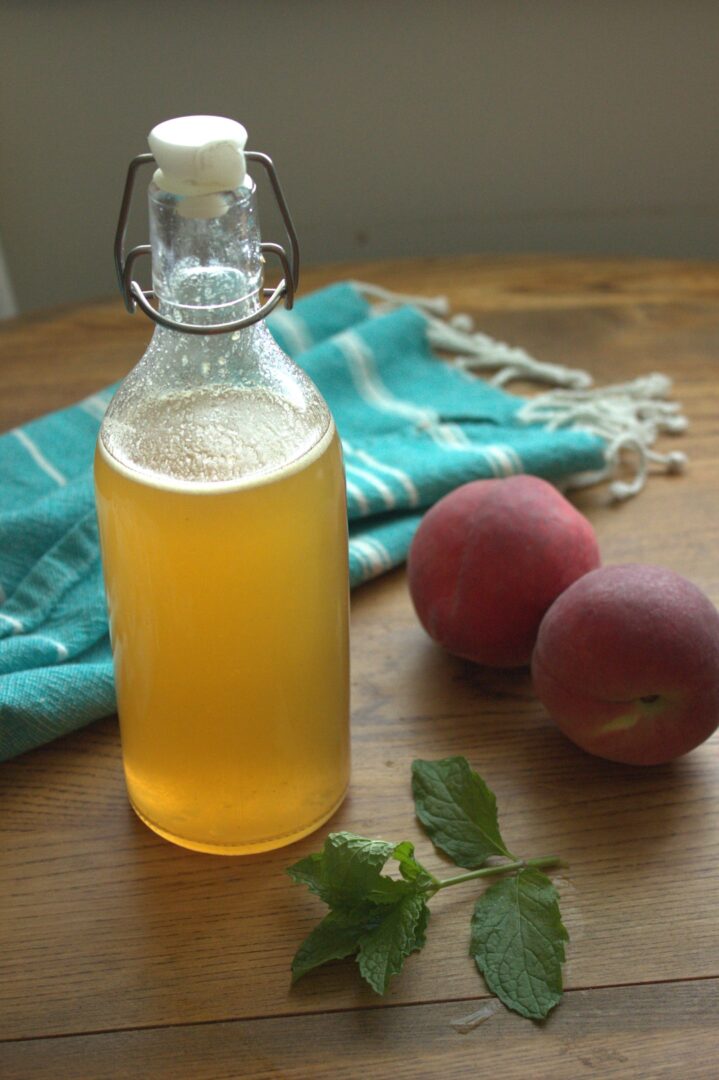 Peach Mint Simple Syrup in Glass Bottle