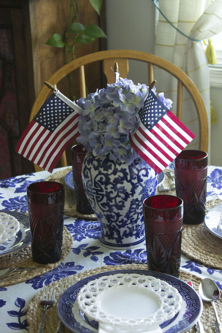 4th of July Centerpiece: hydrangeas and flags