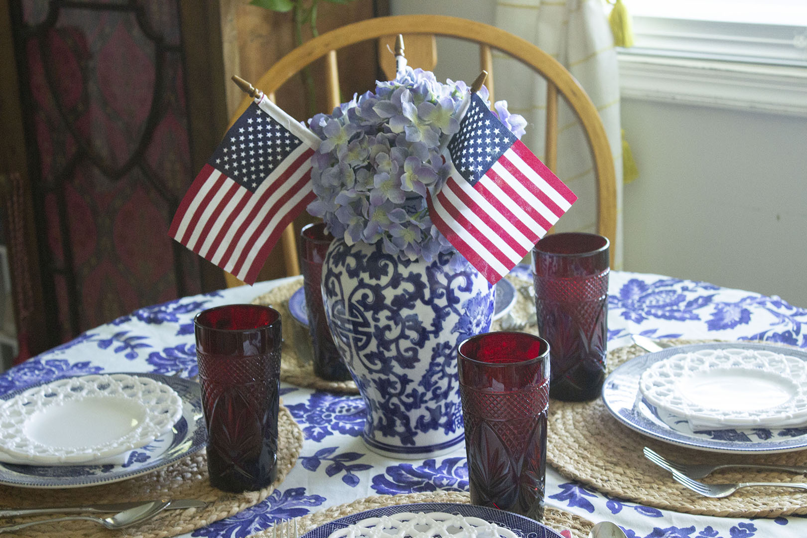 4th of July Centerpiece: Hydrangeas and Flags