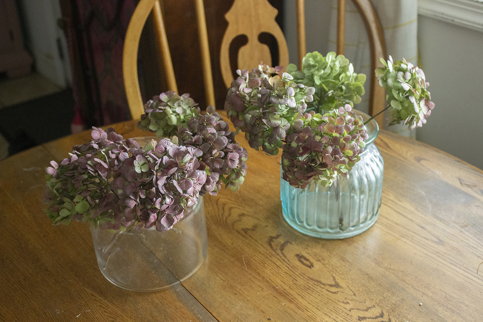 how to dry hydrangeas: two vases of hydrangeas