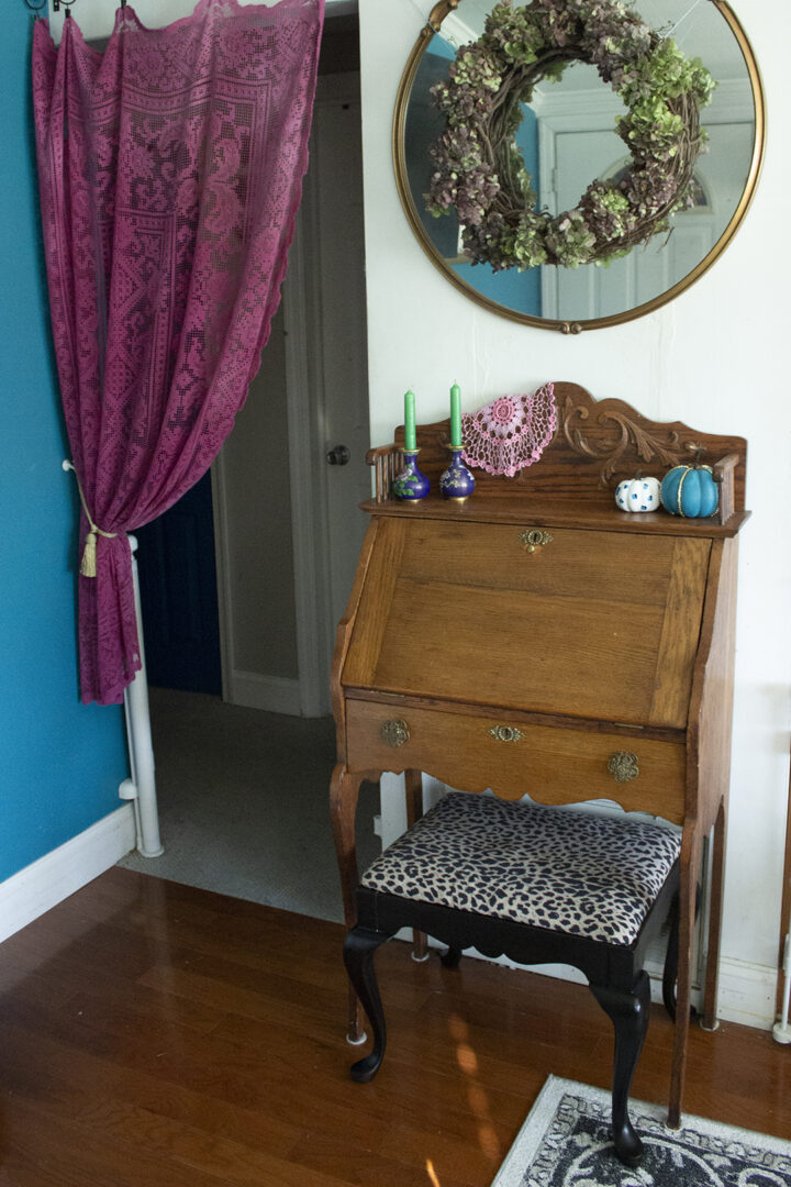 bench under a secretary desk