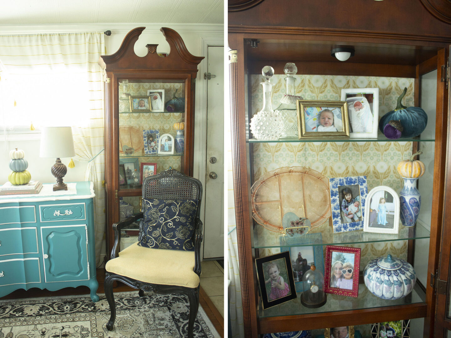 fall china cabinet filled with pumpkins, family photos, and glassware